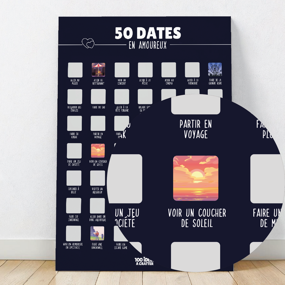 Affiche à gratter présentant 50 dates en amoureux, idéale pour pimenter la vie de couple avec des idées originales.


