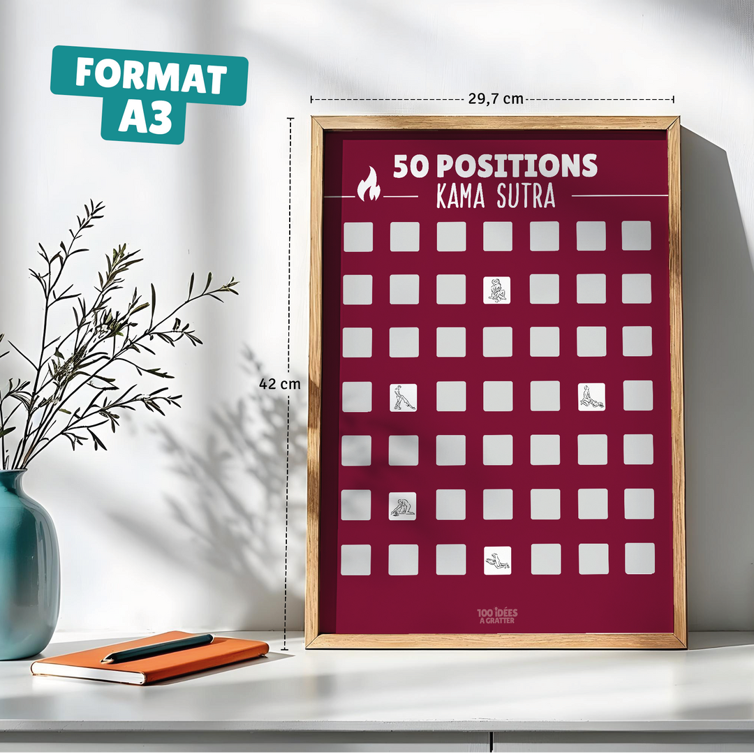 Poster interactif « 50 positions Kamasutra », pour pimenter votre vie intime avec des idées variées.

