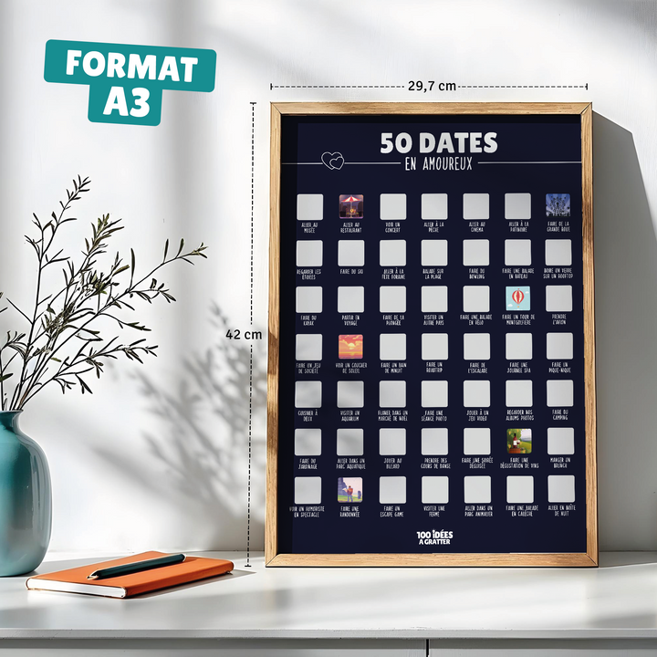 Cadeau couple : affiche à gratter « 50 dates en amoureux », parfait pour raviver la complicité et créer des souvenirs.

