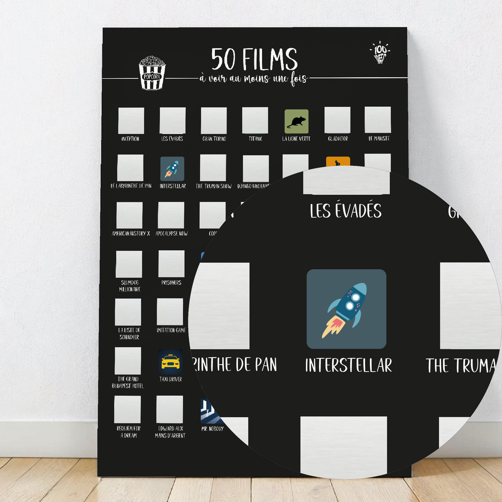 Affiche à gratter présentant 50 films incontournables à regarder, idéale pour les cinéphiles.

