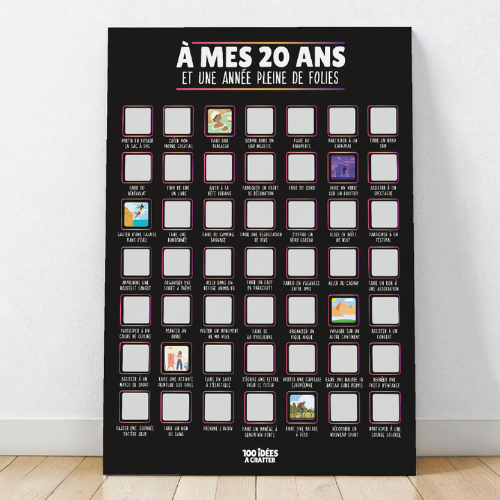 Affiche à gratter pour célébrer les 20 ans, un cadeau ludique et original pour marquer ce cap important.

