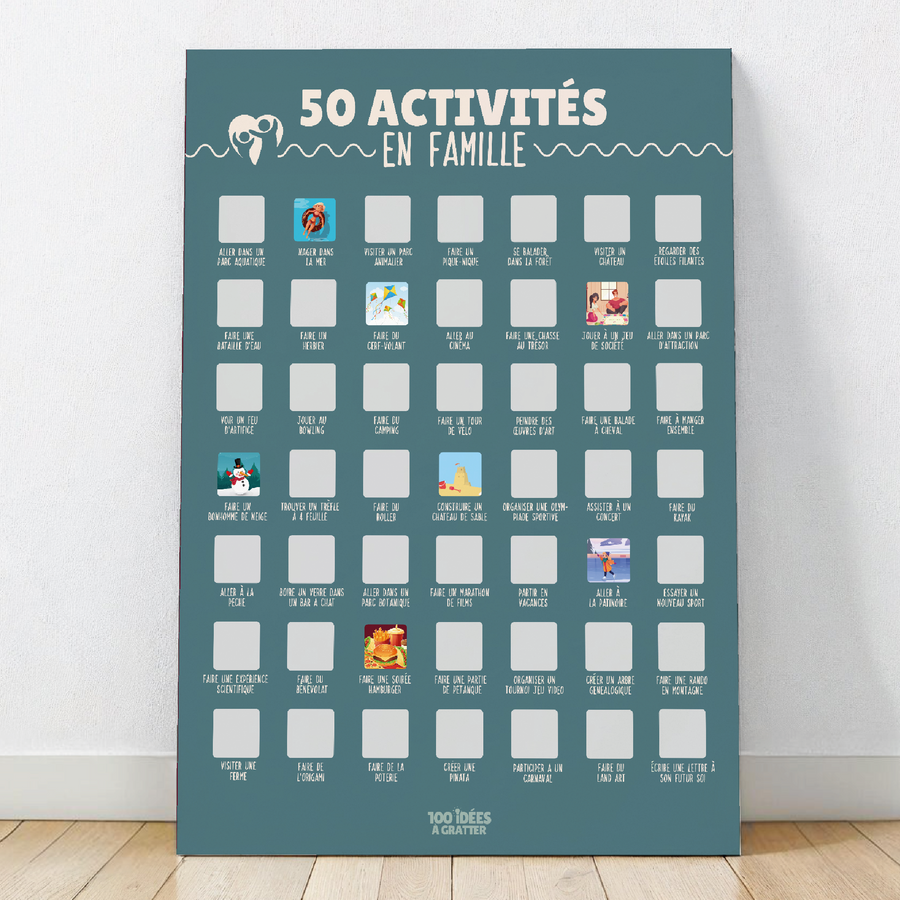 Affiche à gratter « 50 activités en famille », un poster ludique pour découvrir et cocher des idées d’activités à partager en famille.

