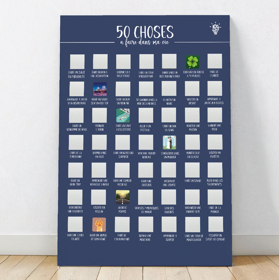 Affiche à gratter « 50 choses à faire dans ma vie », un poster inspirant pour planifier et cocher ses objectifs de vie.

