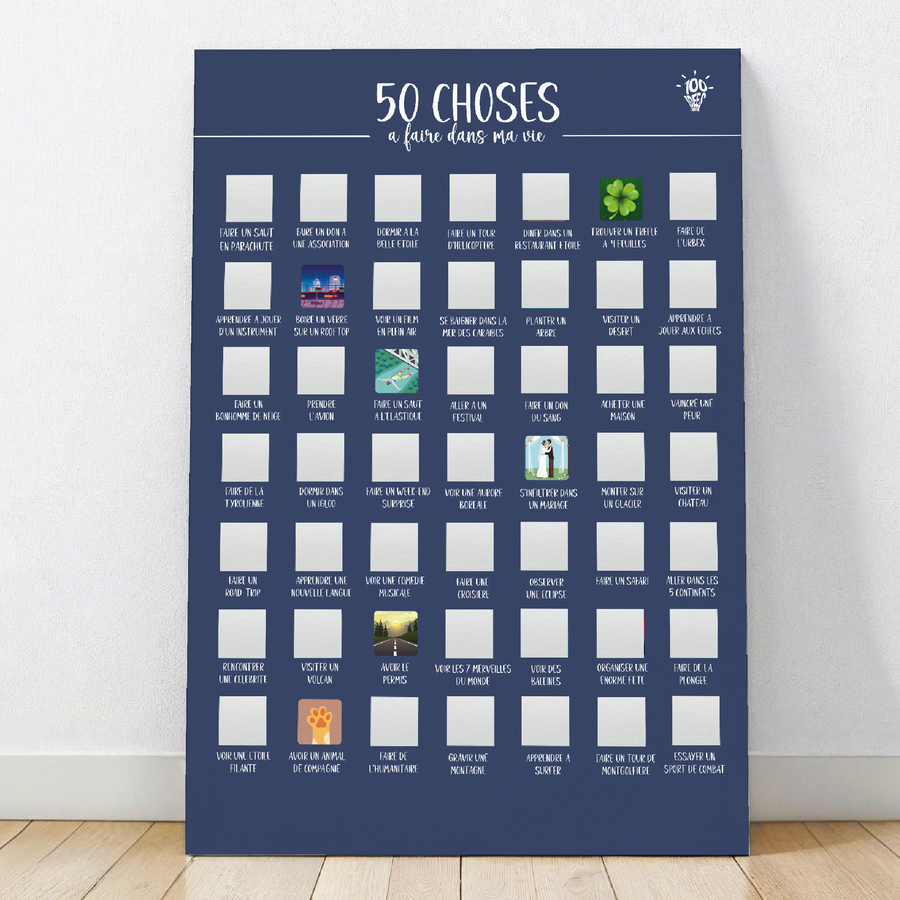 Affiche à gratter « 50 choses à faire dans ma vie », un poster inspirant pour planifier et cocher ses objectifs de vie.


