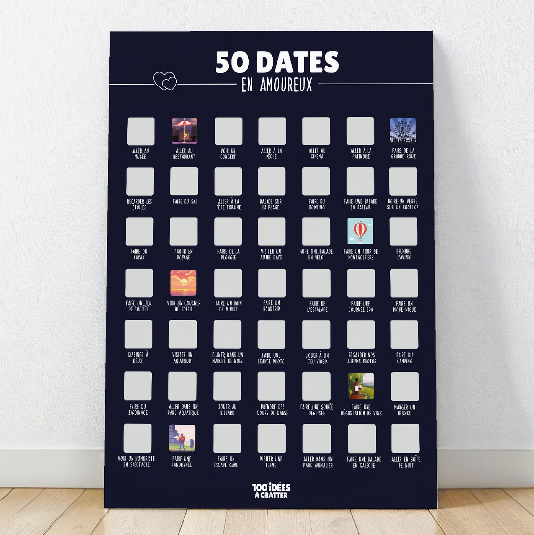 Affiche à gratter « 50 dates en amoureux », un poster romantique pour découvrir et planifier des moments à deux.

