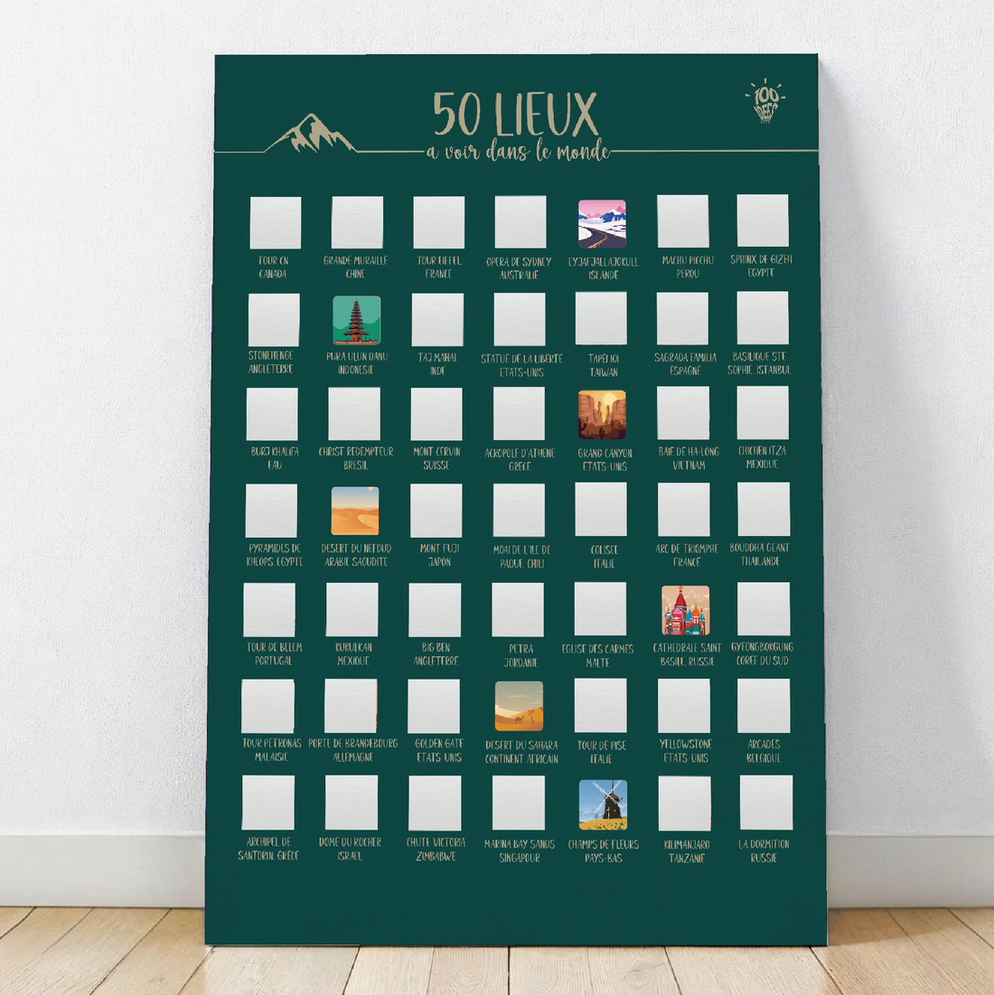 Affiche à gratter « 50 lieux à voir », un poster ludique pour découvrir et cocher des destinations incontournables.

