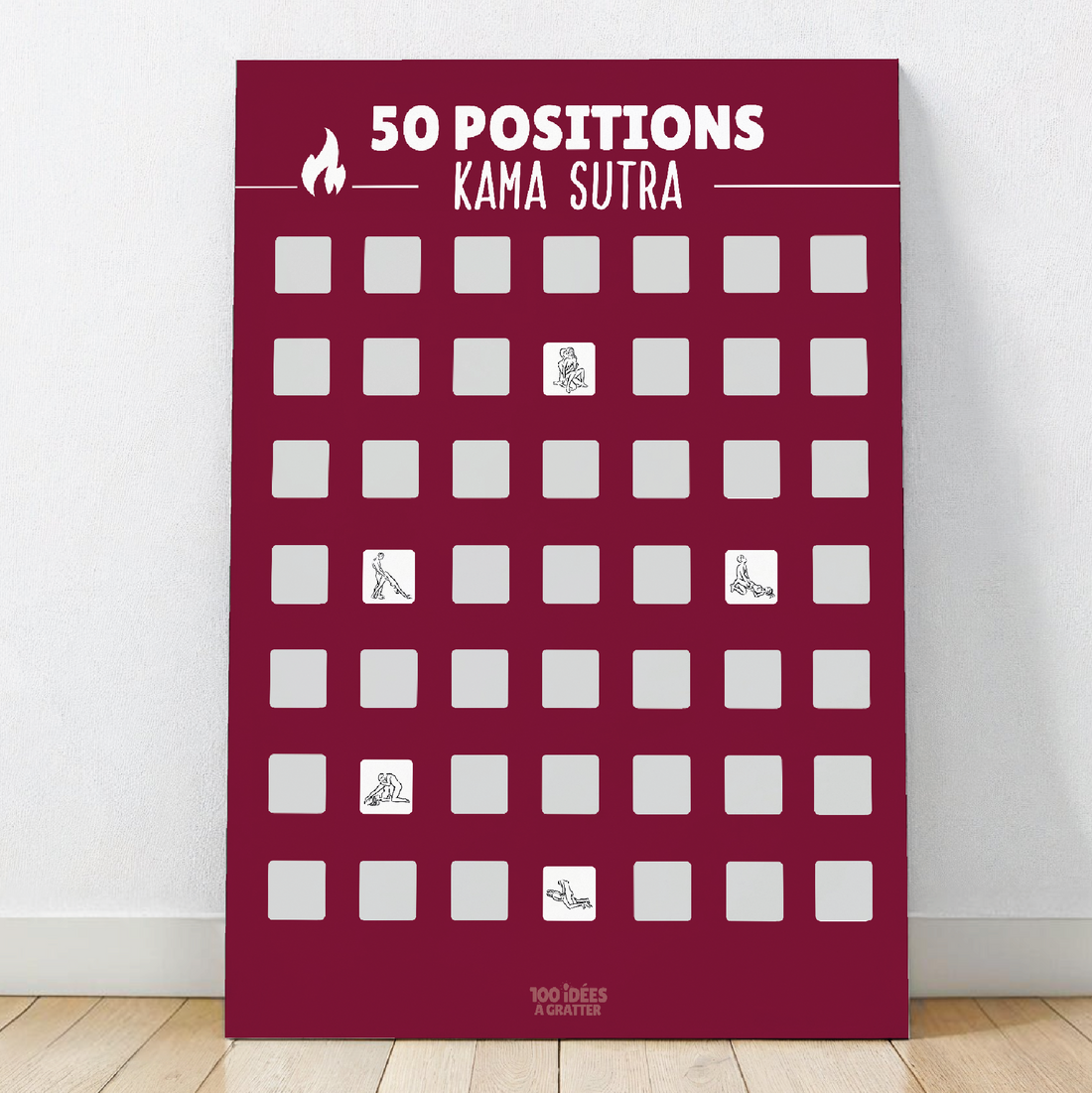 Affiche à gratter « 50 positions Kamasutra », un poster ludique et intime pour découvrir et expérimenter différentes positions.

