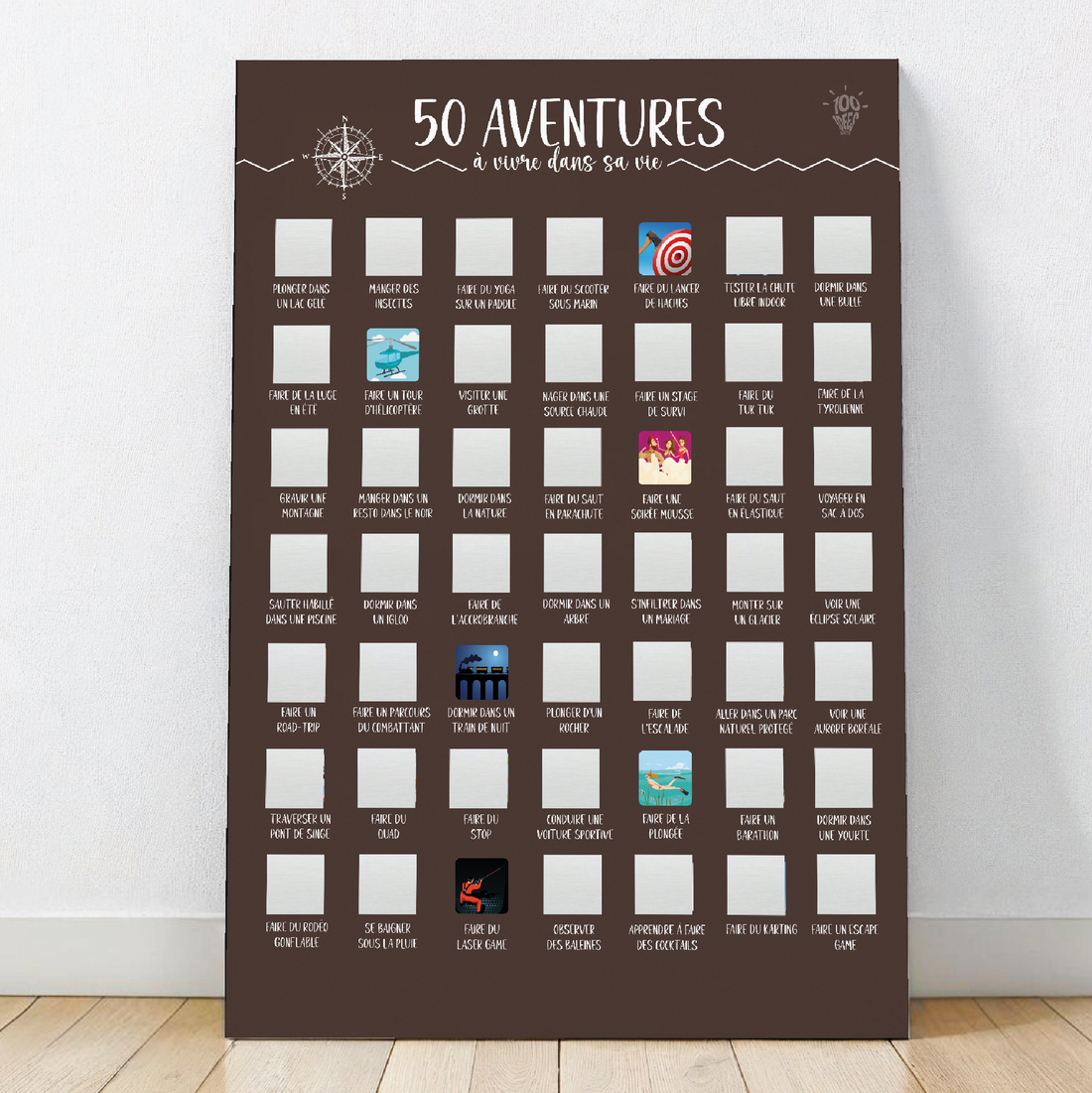 Affiche à gratter « Aventures à vivre », un poster ludique pour découvrir et cocher des expériences uniques à réaliser.

