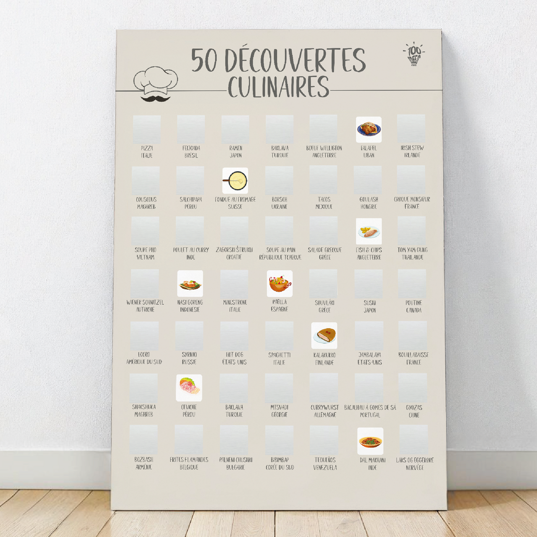 Affiche à gratter découverte culinaire, un poster ludique pour explorer et tester de nouvelles saveurs.

