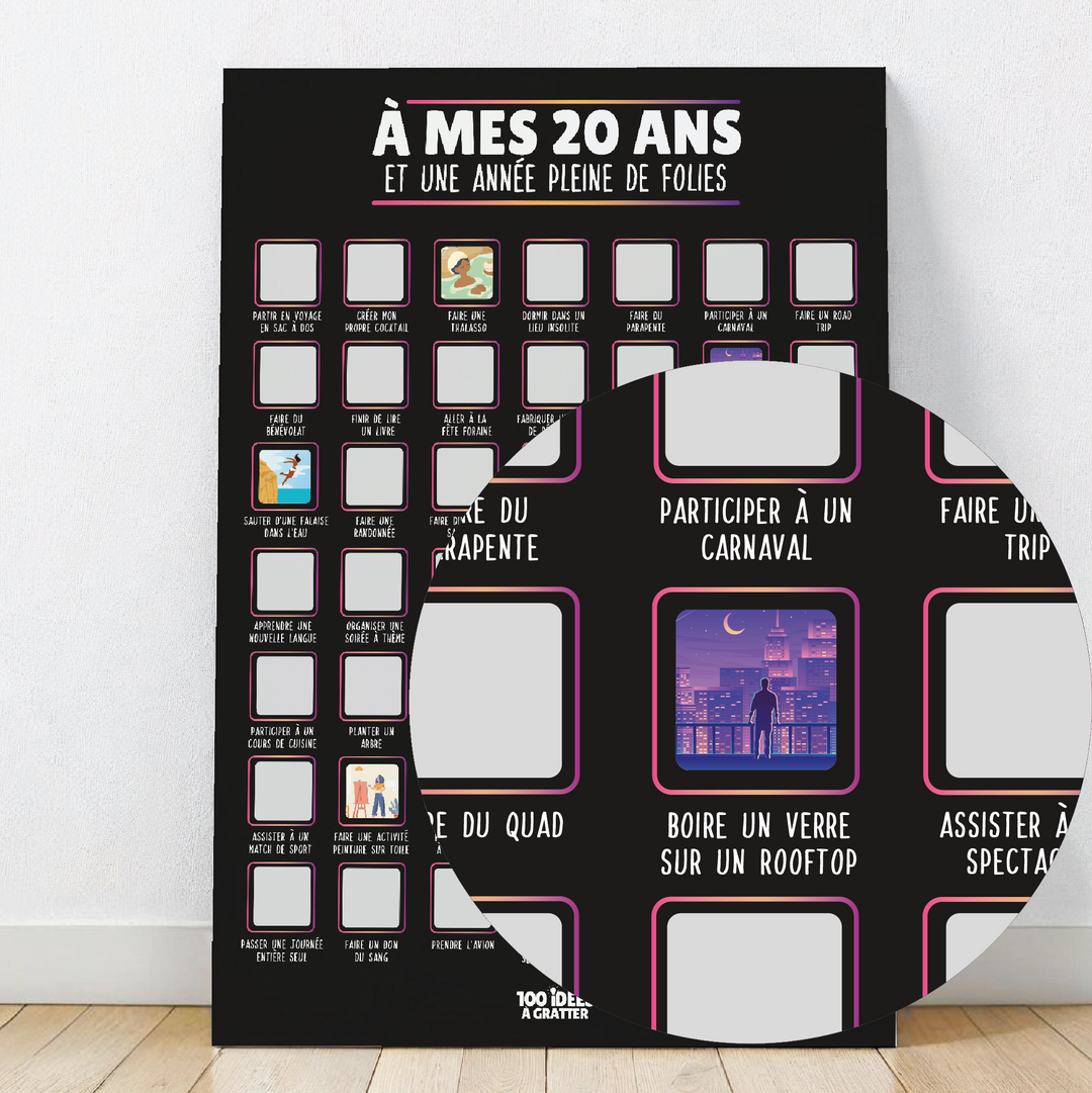 Affiche anniversaire à gratter 20 ans, parfaite pour révéler des messages surprises lors d’une fête mémorable.


