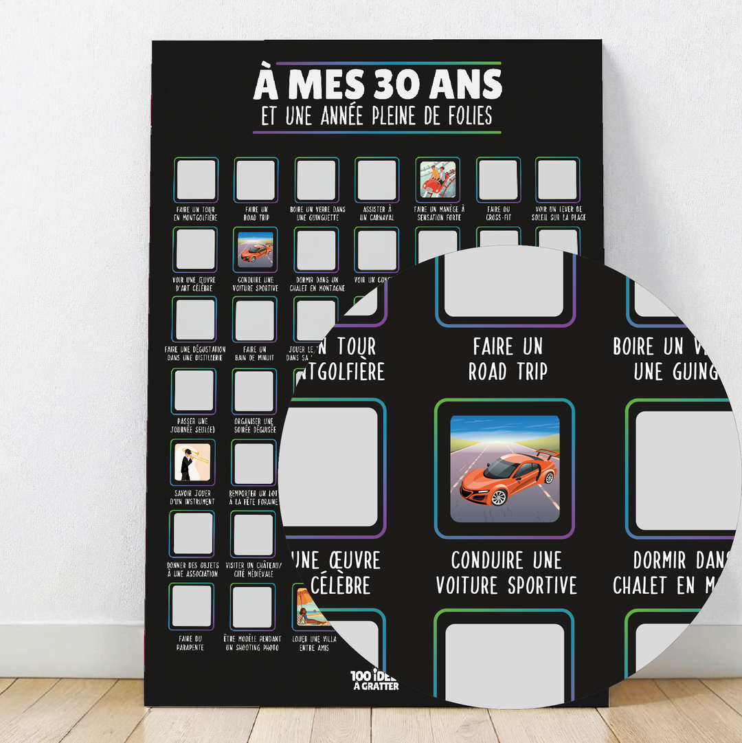 Affiche anniversaire à gratter 30 ans, parfaite pour révéler des messages surprises lors d’une fête mémorable.

