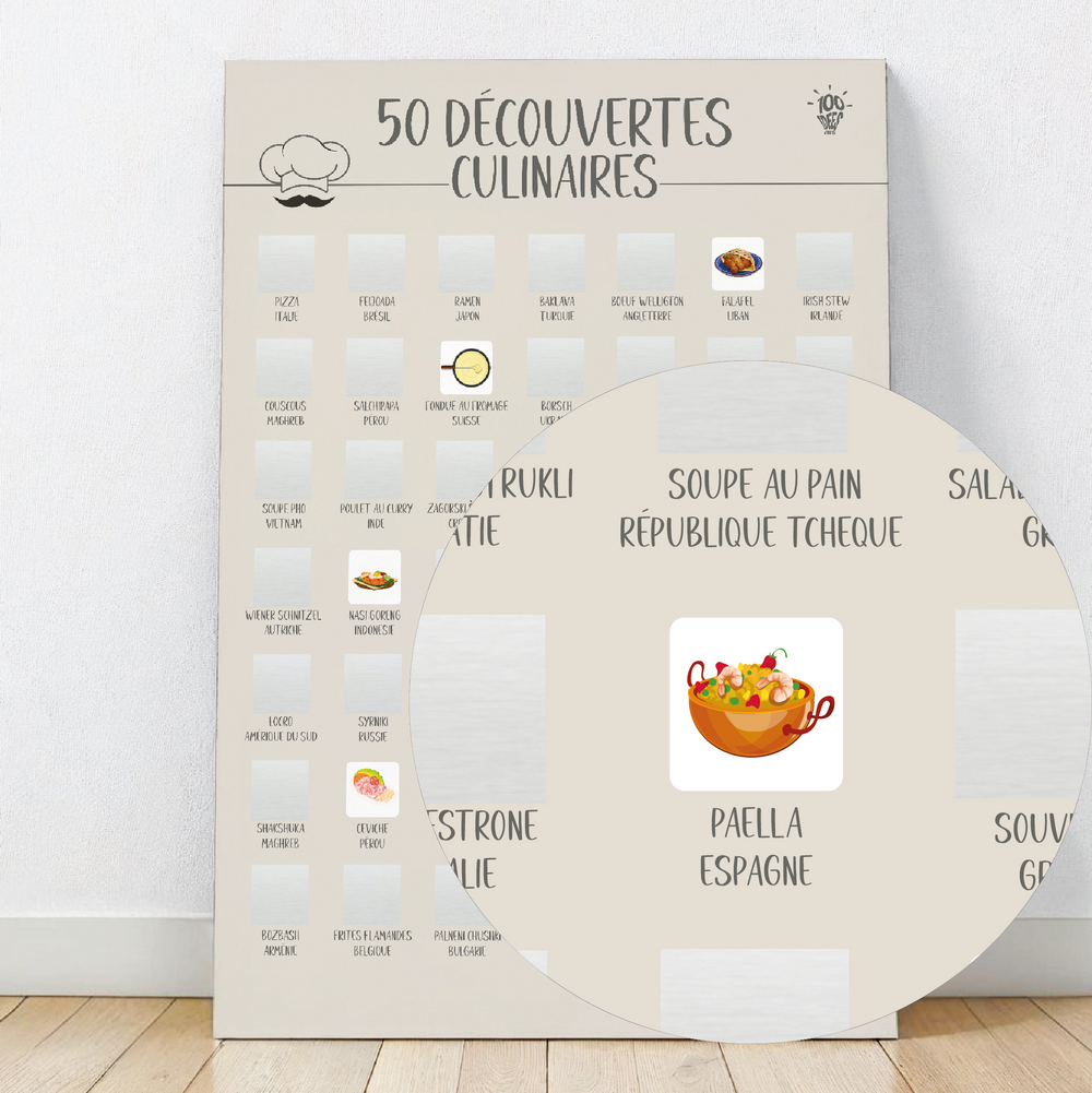 Affiche à gratter sur le thème de la découverte culinaire, parfaite pour les gourmands et amateurs de cuisine.

