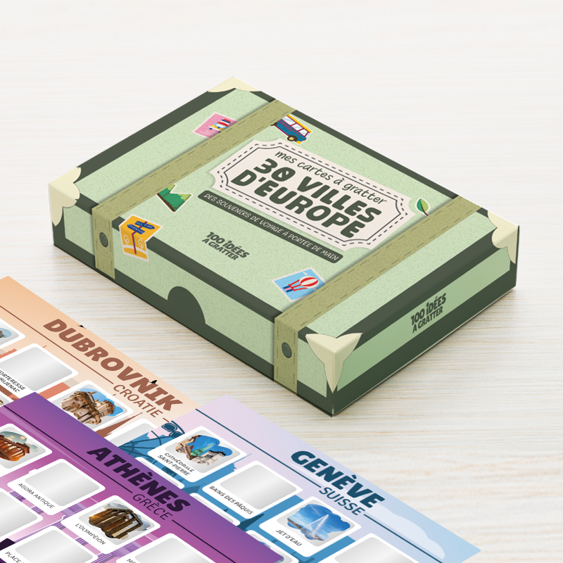 Carte à gratter des 30 villes d'Europe à découvrir, idéale pour les passionnés de voyage et d'aventure, permettant de révéler chaque destination en grattant.

