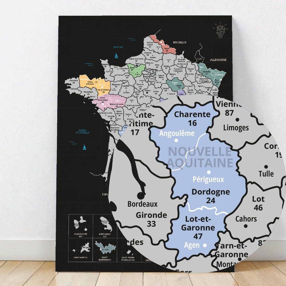 Carte à gratter France, idéale pour les voyageurs souhaitant suivre leurs découvertes sur le territoire français.

