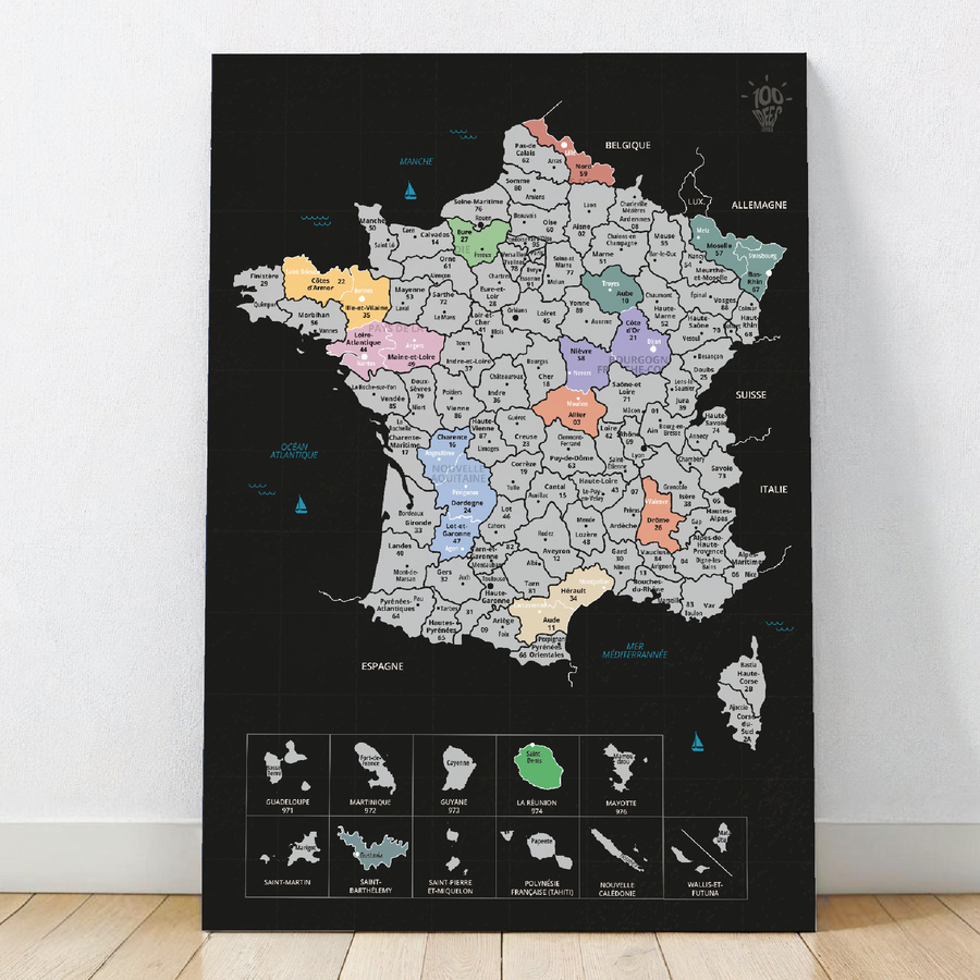 Carte de France à gratter, un poster interactif pour découvrir et marquer les lieux visités en France.

