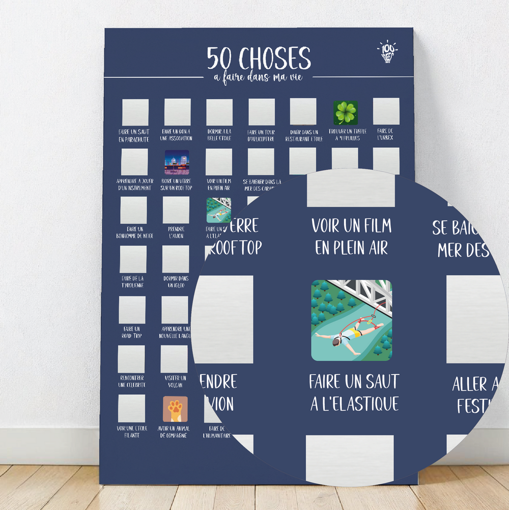 Affiche à gratter présentant 50 choses à faire dans sa vie, idéale pour se motiver à réaliser ses rêves.

