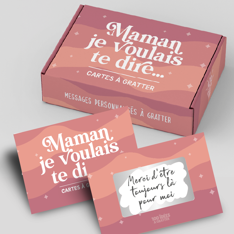 Coffret de cartes à gratter personnalisables « Maman je voulais te dire », un cadeau original et touchant pour exprimer ses émotions.

