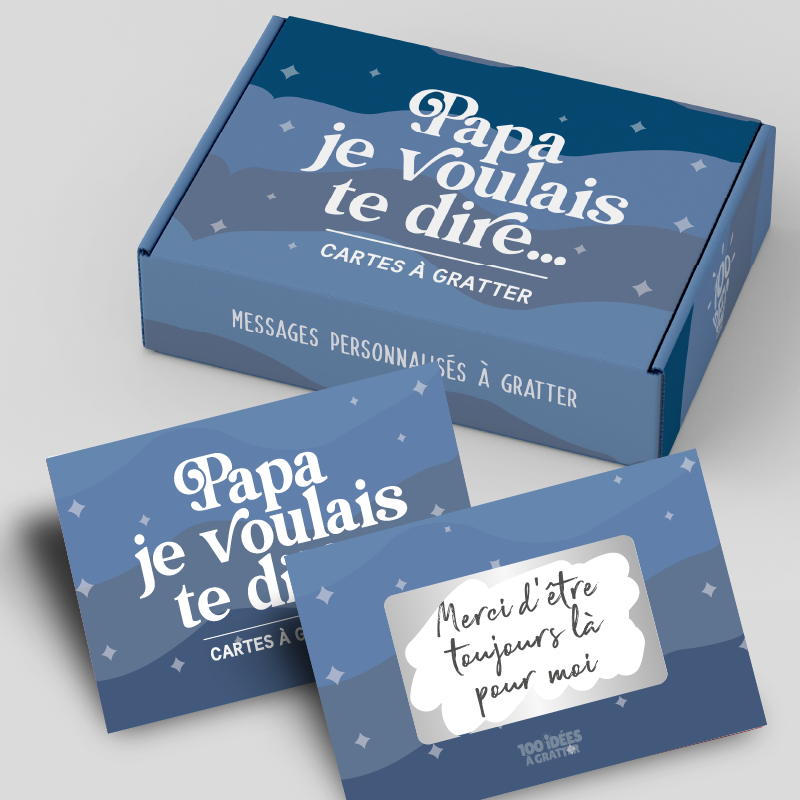 Coffret de cartes à gratter personnalisables « Papa je voulais te dire », un cadeau original pour exprimer ses sentiments de manière ludique.

