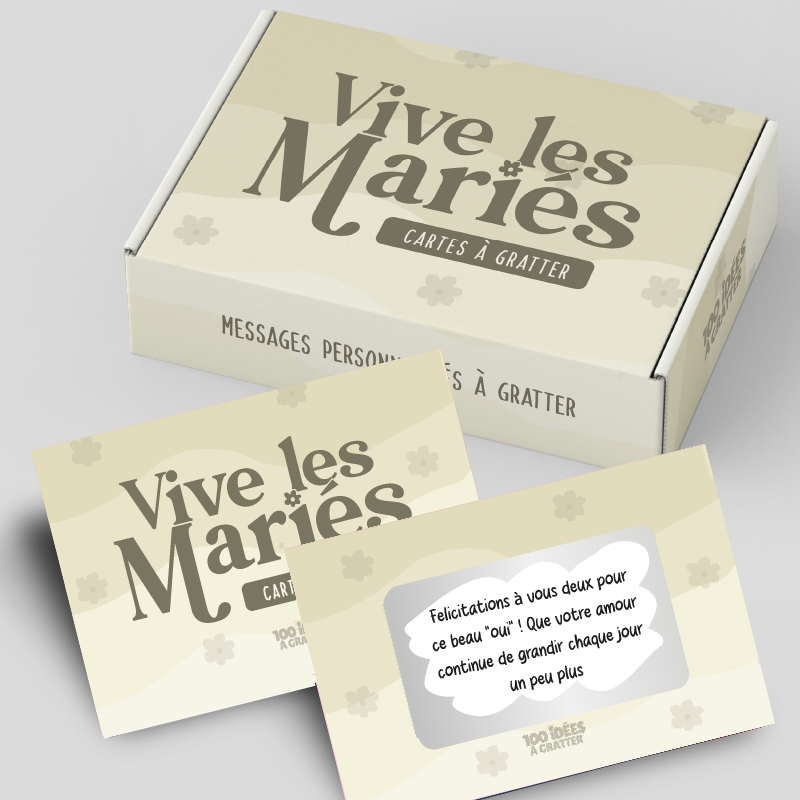 Coffret de cartes à gratter personnalisables "Vive les mariés" pour mariage, idée cadeau originale et ludique