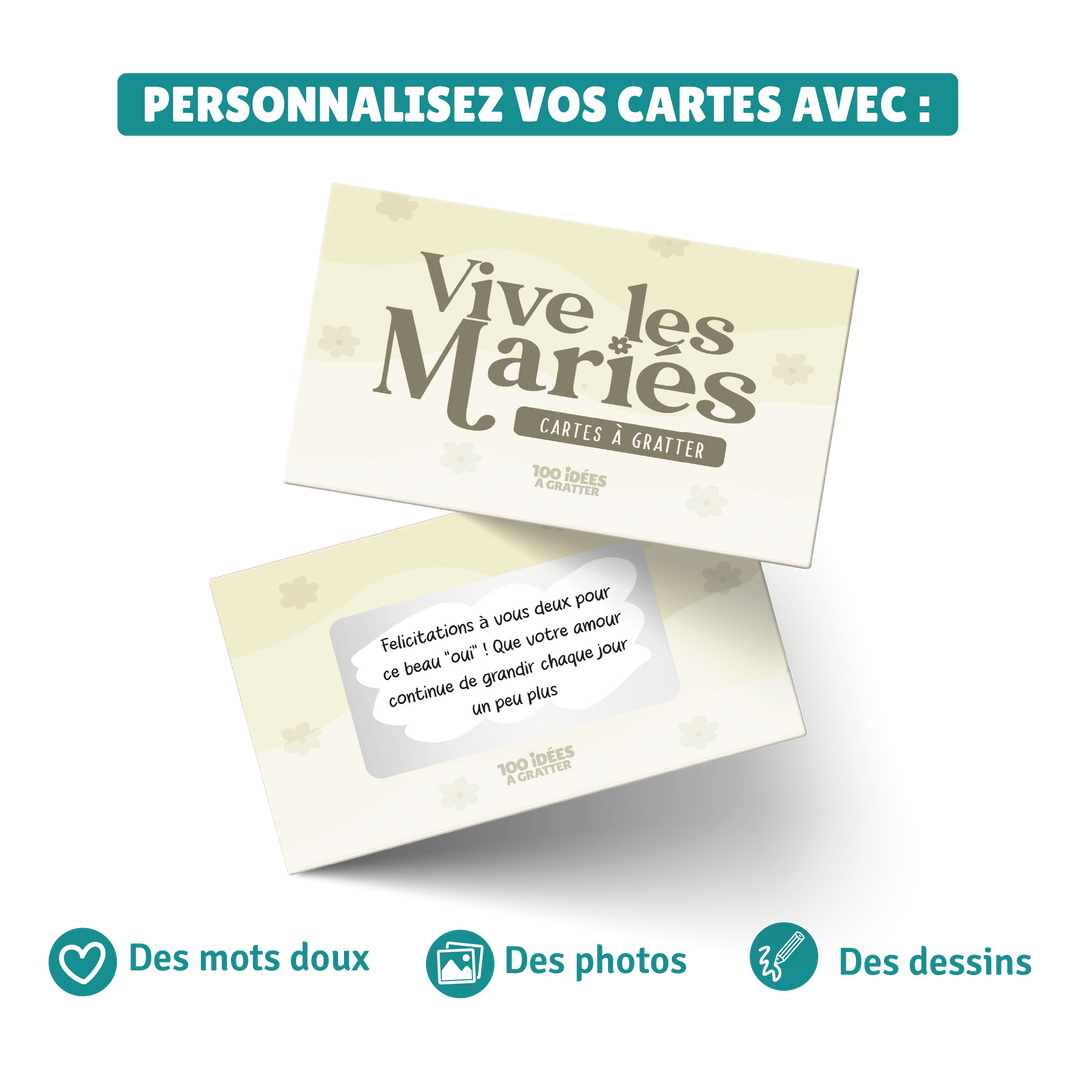 Coffret de cartes à gratter personnalisables "Vive les mariés" pour mariage, idée cadeau originale et ludique

