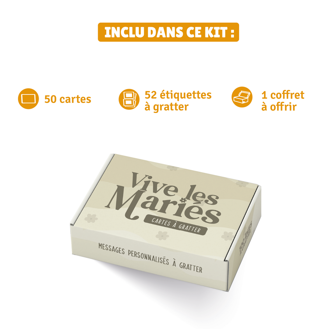 Elements inclus dans le Coffret de cartes à gratter personnalisables "Vive les mariés" pour mariage, idée cadeau originale et ludique

