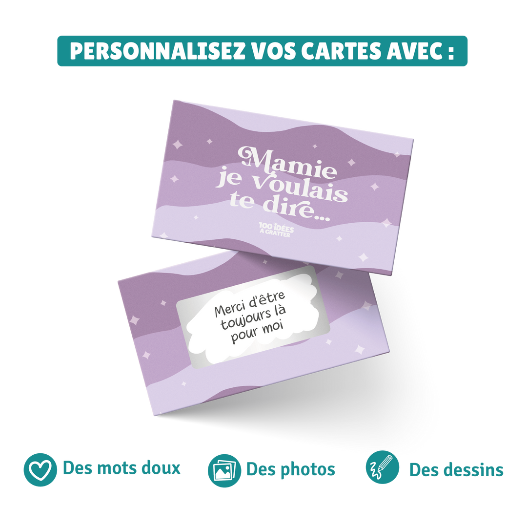 Coffret personnalisable "Mamie je voulais te dire" avec cartes à gratter pour exprimer ses sentiments, cadeau original et émotionnel pour grand-mère.

