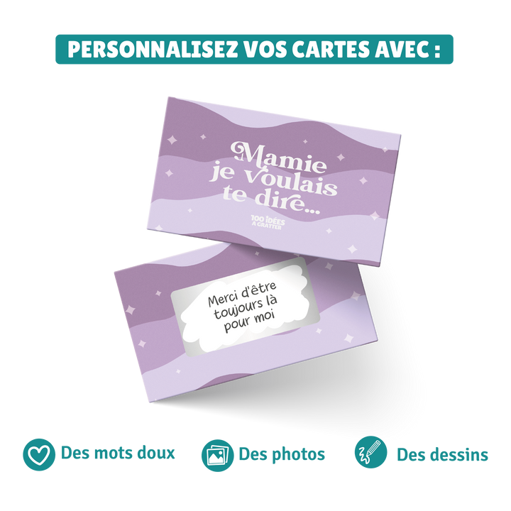 Coffret personnalisable "Mamie je voulais te dire" avec cartes à gratter pour exprimer ses sentiments, cadeau original et émotionnel pour grand-mère.

