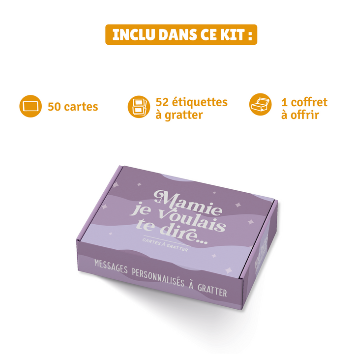 Coffret personnalisable "Mamie je voulais te dire" avec cartes à gratter pour exprimer ses sentiments, cadeau original et émotionnel pour grand-mère.