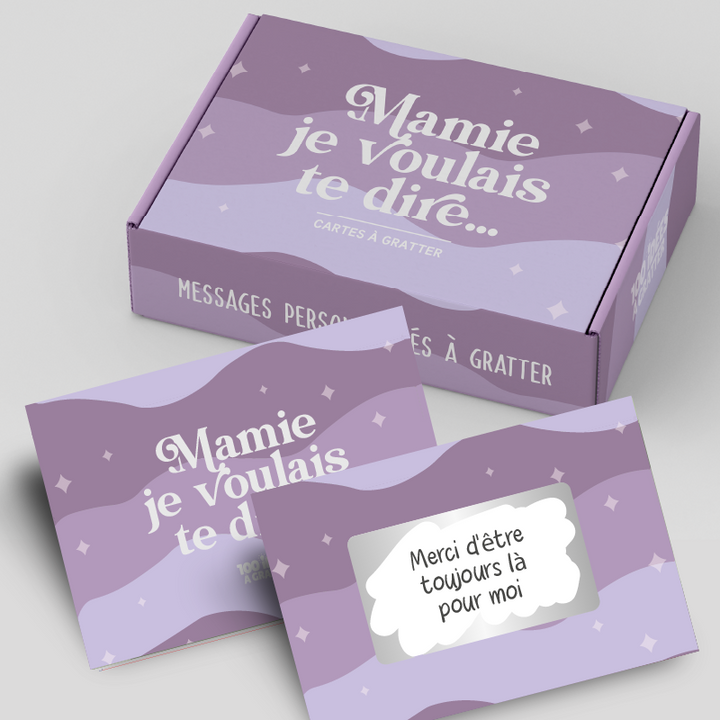 Coffret personnalisable "Mamie je voulais te dire" avec cartes à gratter pour exprimer ses sentiments, cadeau original et émotionnel pour grand-mère.