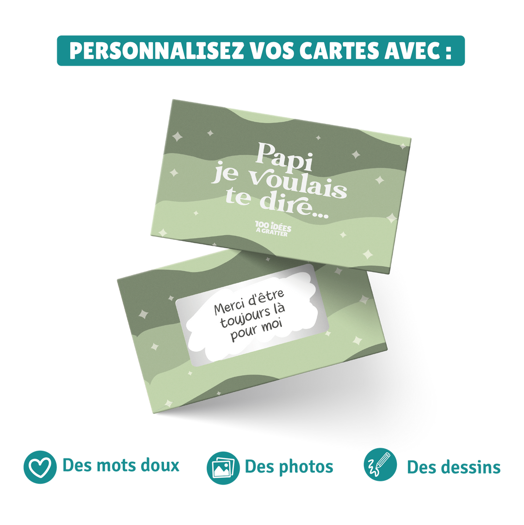 Coffret personnalisable "Papi je voulais te dire" avec cartes à gratter pour exprimer ses sentiments, cadeau original et émotionnel pour grand-père.

