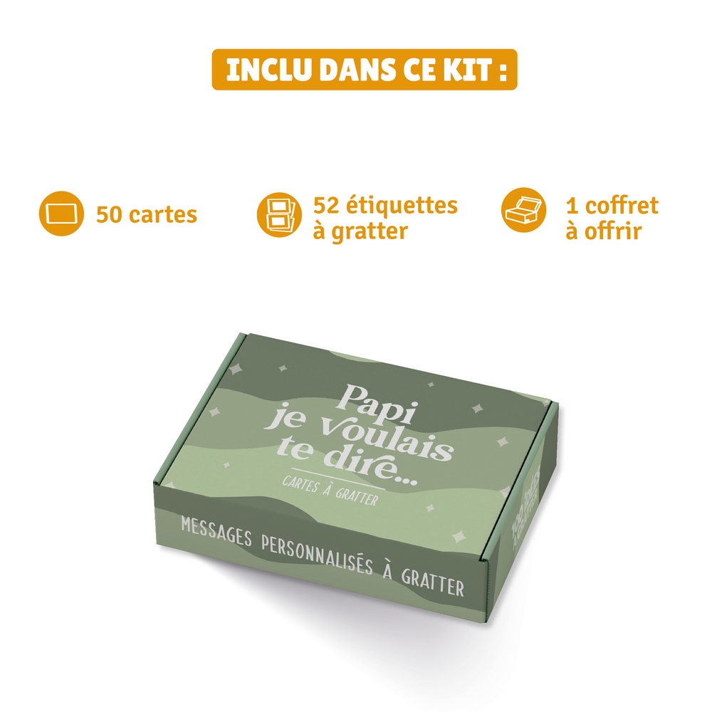 Coffret personnalisable "Papi je voulais te dire" avec cartes à gratter pour exprimer ses sentiments, cadeau original et émotionnel pour grand-père.