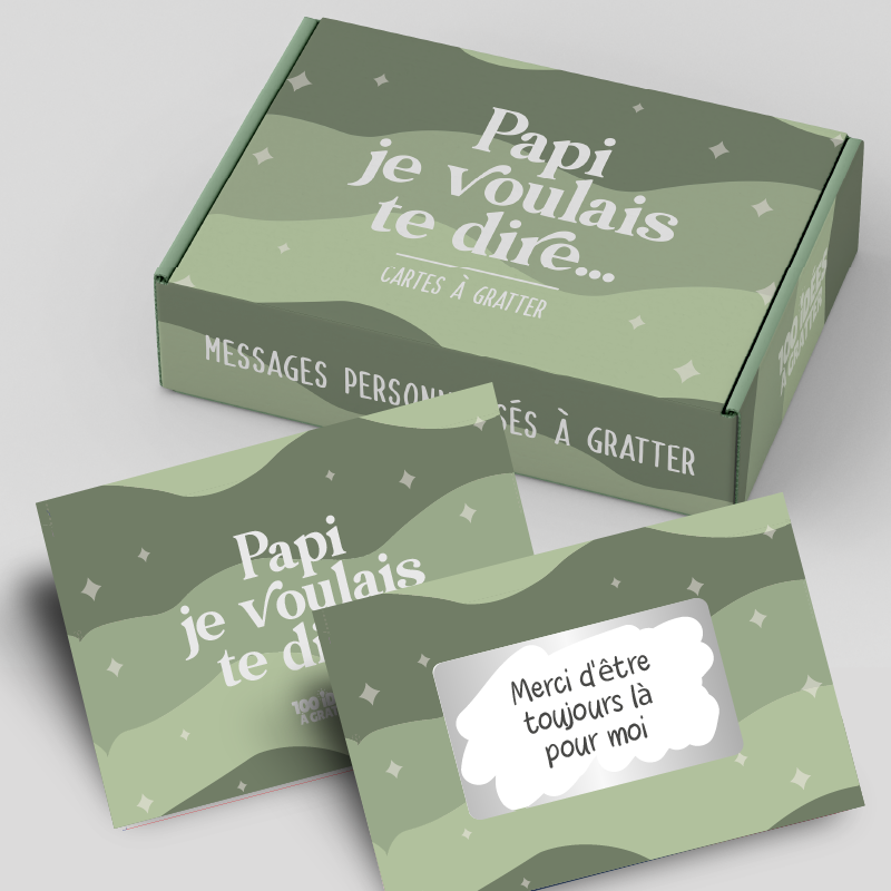 Coffret personnalisable "Papi je voulais te dire" avec cartes à gratter pour exprimer ses sentiments, cadeau original et émotionnel pour grand-père.