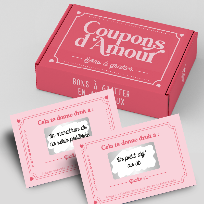 Coupons d’amour avec défis à gratter, un jeu romantique pour pimenter votre relation et partager des moments complices.

