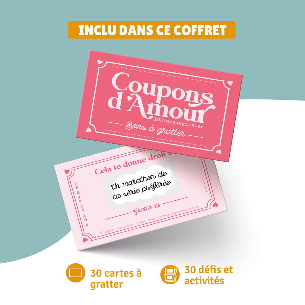 Jeu de coupons d’amour avec défis à gratter, parfait pour surprendre et créer des souvenirs intimes à deux.

