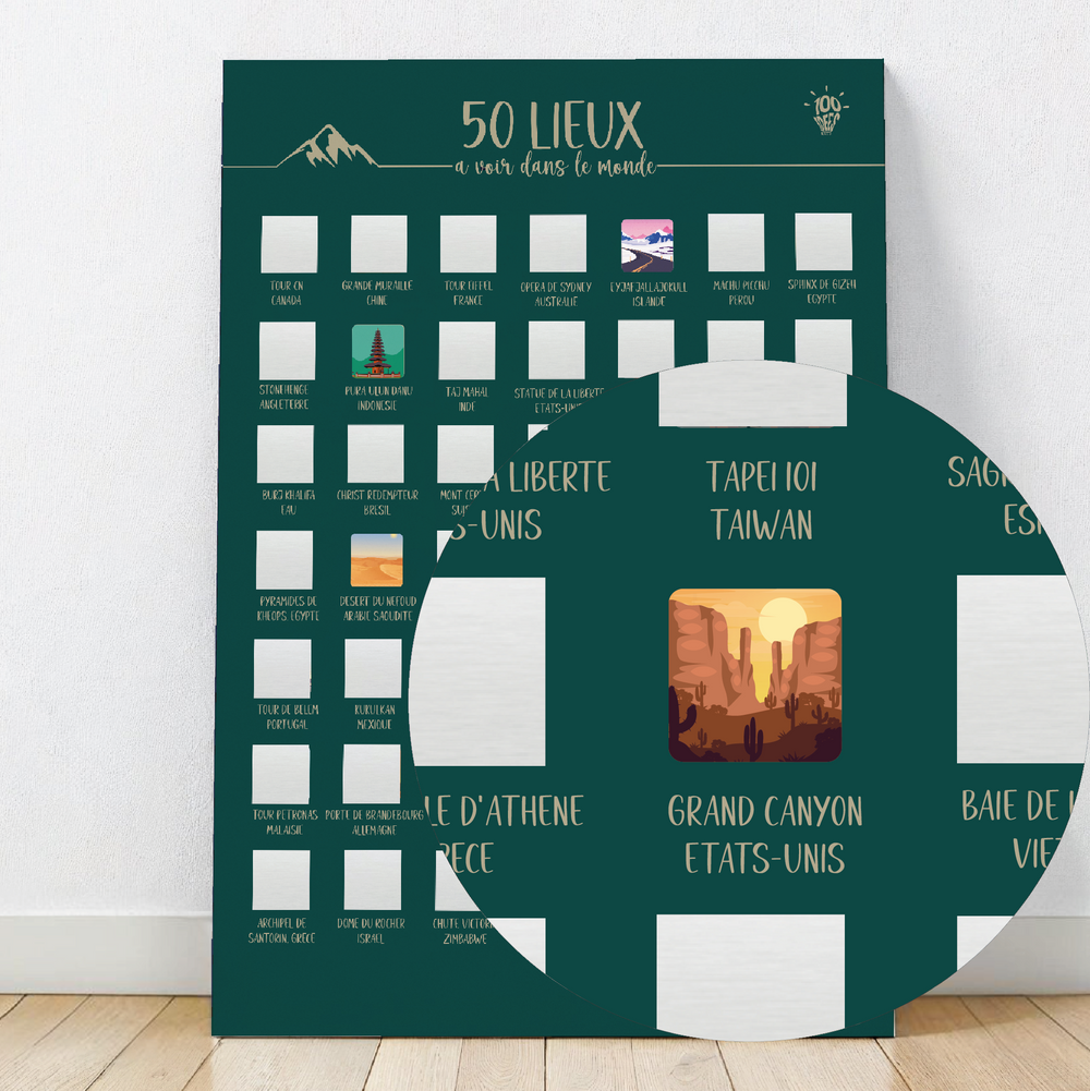Affiche à gratter présentant 50 lieux à voir, idéale pour les voyageurs et amateurs de découvertes.

