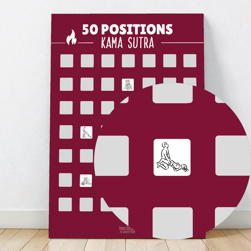 Affiche à gratter présentant 50 positions Kamasutra, idéale pour explorer la diversité et la créativité en couple.

